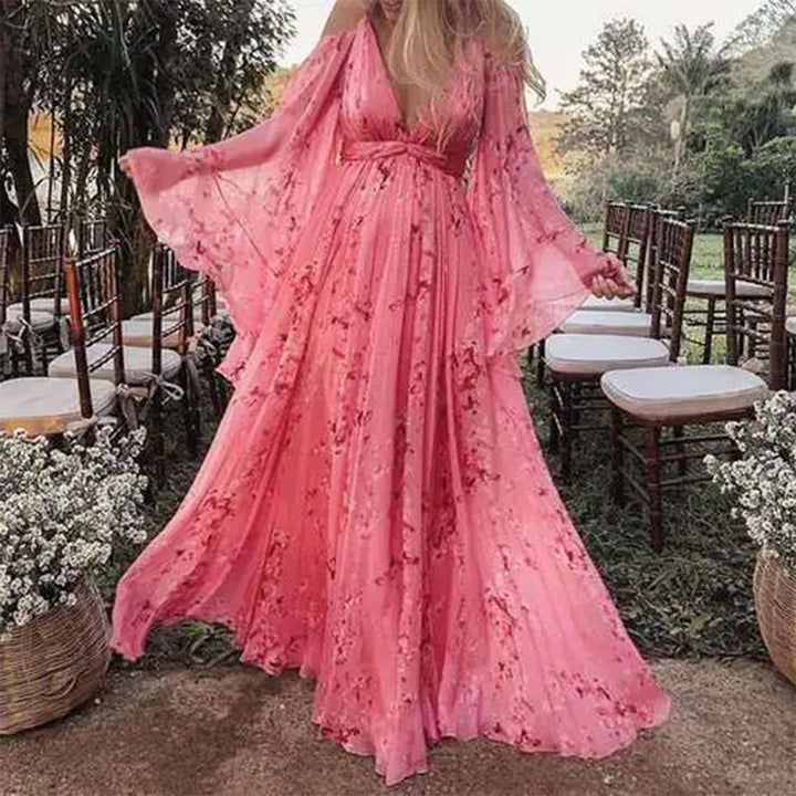 Swinging Pink Chiffon Dress with Flared Sleeves - Isabelle-S-The Livary