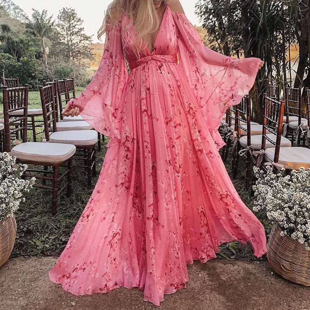Swinging Pink Chiffon Dress with Flared Sleeves - Isabelle-S-The Livary