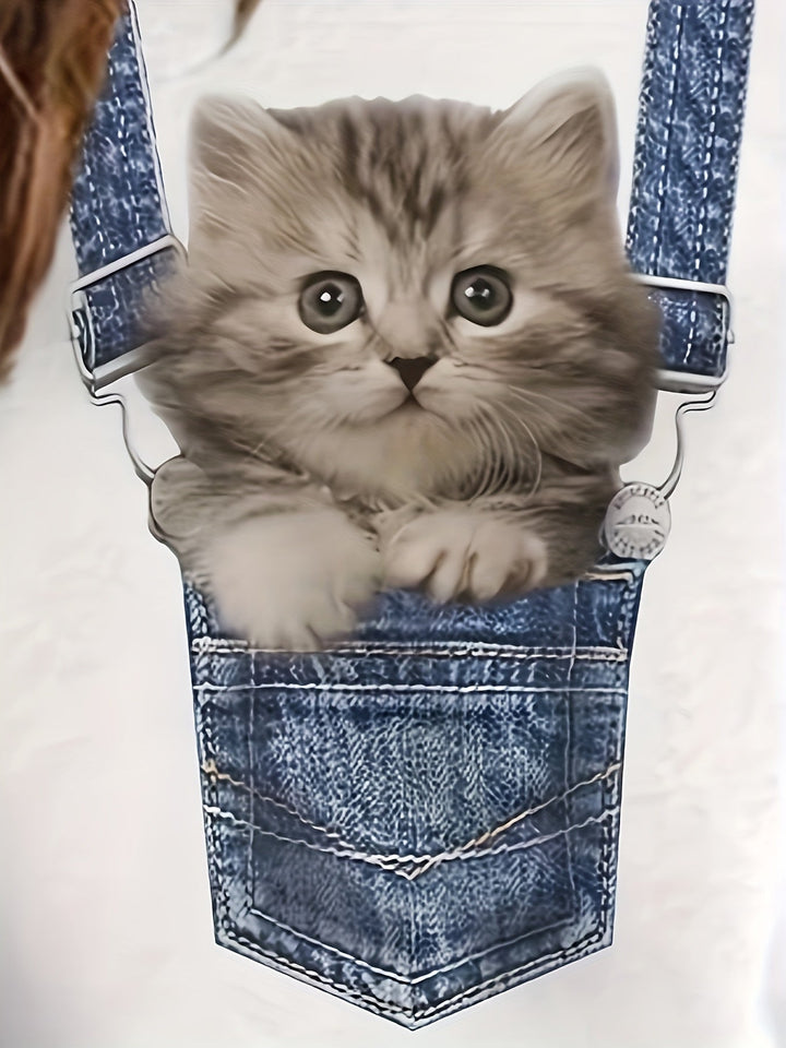 T-shirt with Cat Print and Trendy Colour Block Details - Celeste-S-Nora Luxe