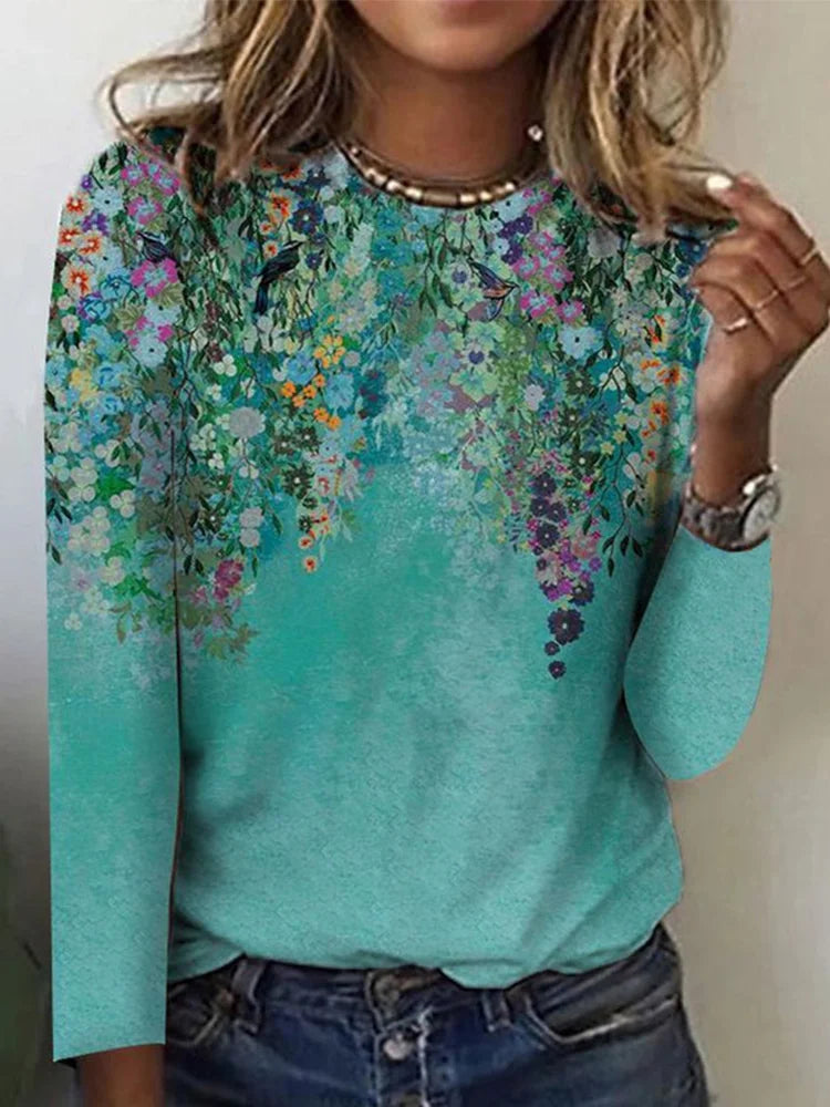 T-shirt with Floral Print and Long Sleeves - Liliane-S-Nora Luxe