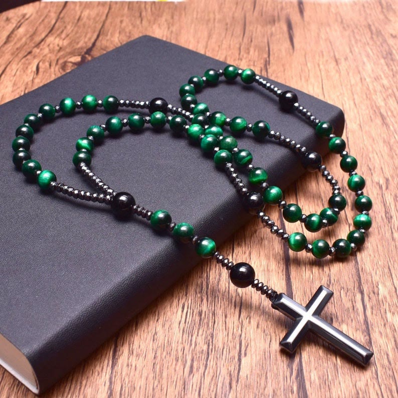 Tiger Eye and Lapis Lazuli Cross Rosary Necklace for Men - Orion-Green Tiger's Eye-Nora Luxe