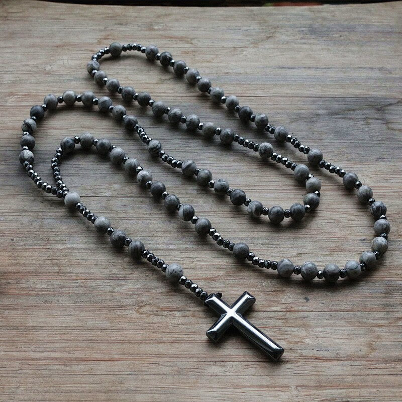 Tiger Eye and Lapis Lazuli Cross Rosary Necklace for Men - Orion-Grey Jasper-Nora Luxe