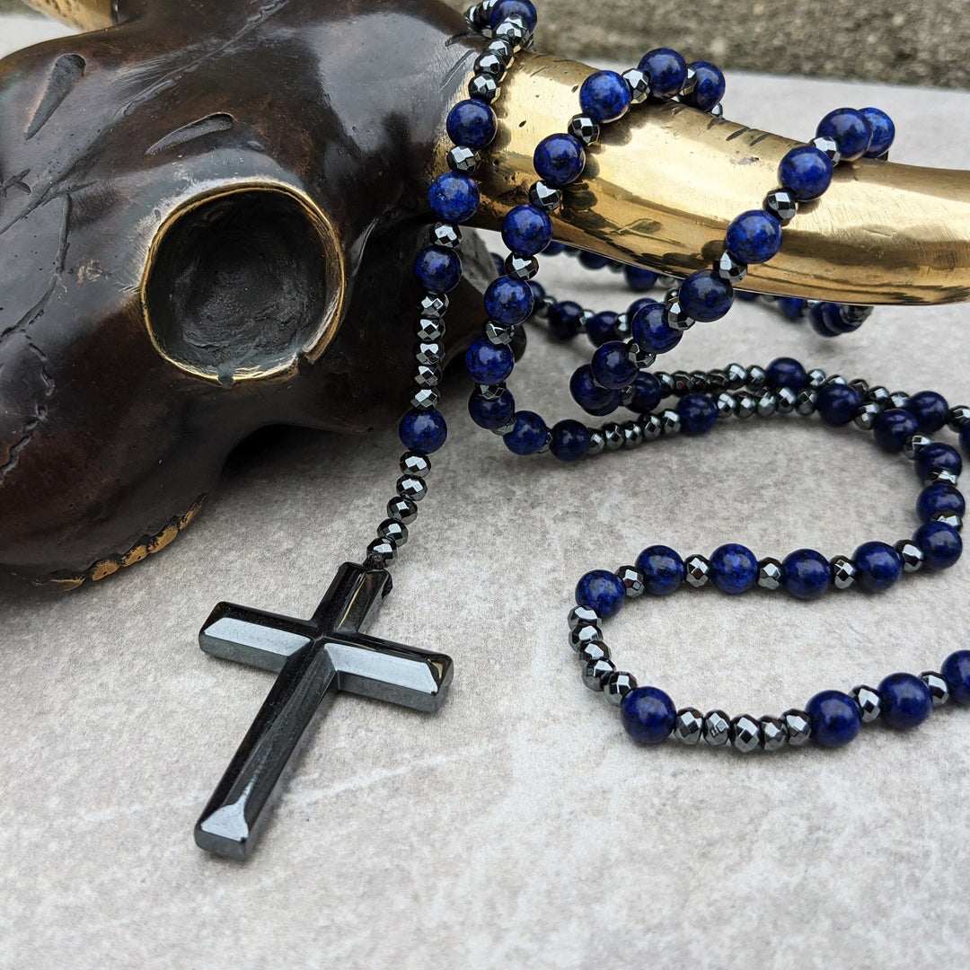 Tiger Eye and Lapis Lazuli Cross Rosary Necklace for Men - Orion-Lapis Lazuli-Nora Luxe