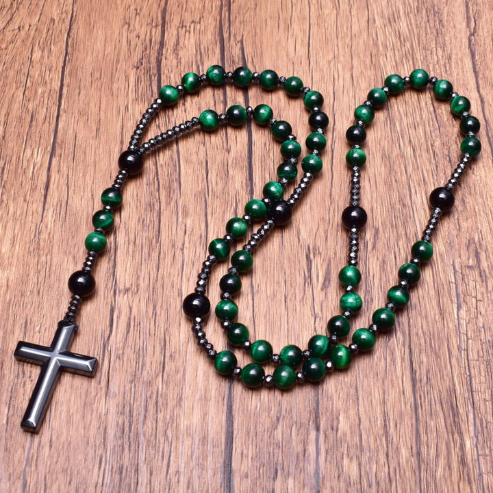 Tiger Eye and Lapis Lazuli Cross Rosary Necklace for Men - Orion-Tiger's eye-Nora Luxe