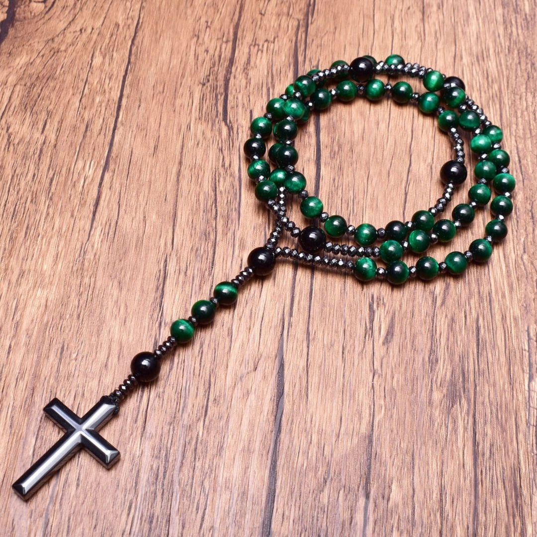 Tiger Eye and Lapis Lazuli Cross Rosary Necklace for Men - Orion-Tiger's eye-Nora Luxe