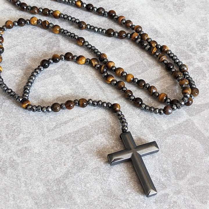 Tiger Eye and Lapis Lazuli Cross Rosary Necklace for Men - Orion-Tiger's eye-Nora Luxe