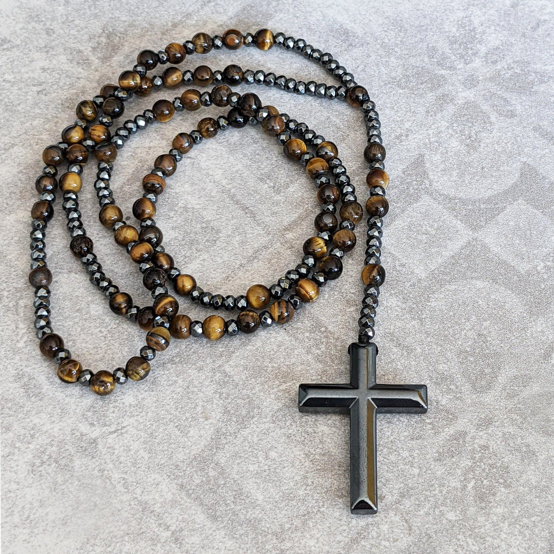 Tiger Eye and Lapis Lazuli Cross Rosary Necklace for Men - Orion-Tiger's eye-Nora Luxe