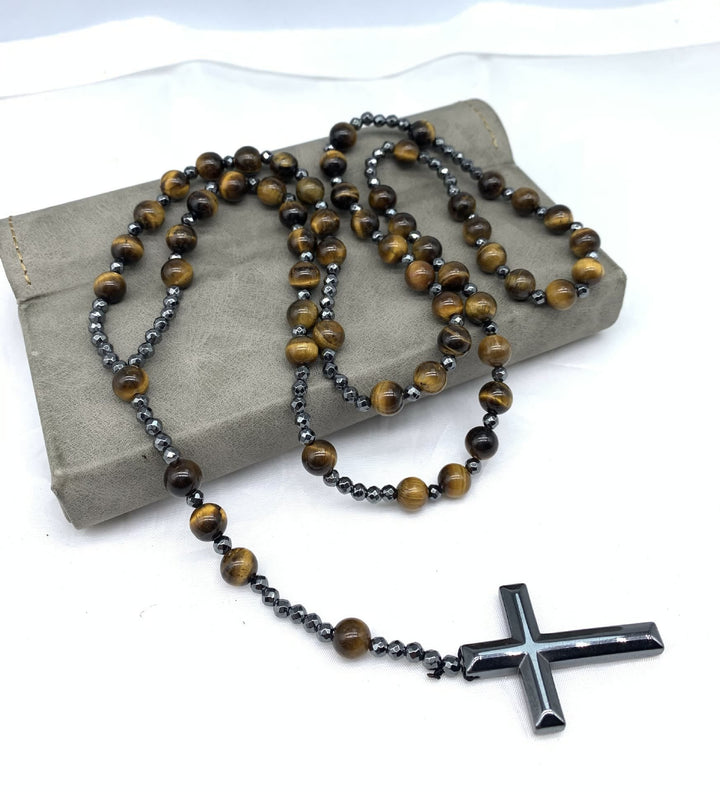Tiger Eye and Lapis Lazuli Cross Rosary Necklace for Men - Orion-Tiger's eye-Nora Luxe