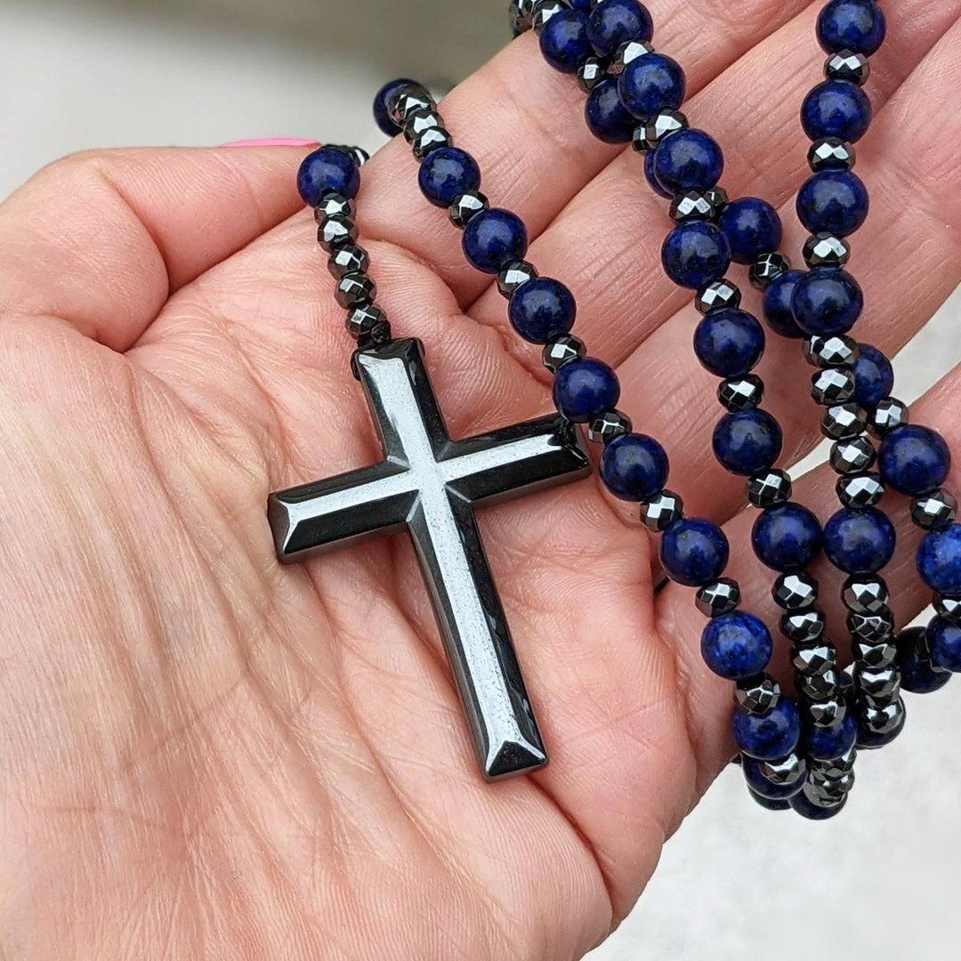 Tiger Eye and Lapis Lazuli Cross Rosary Necklace for Men - Orion-Tiger's eye-Nora Luxe
