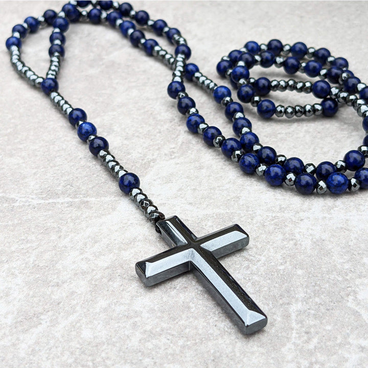 Tiger Eye and Lapis Lazuli Cross Rosary Necklace for Men - Orion-Tiger's eye-Nora Luxe
