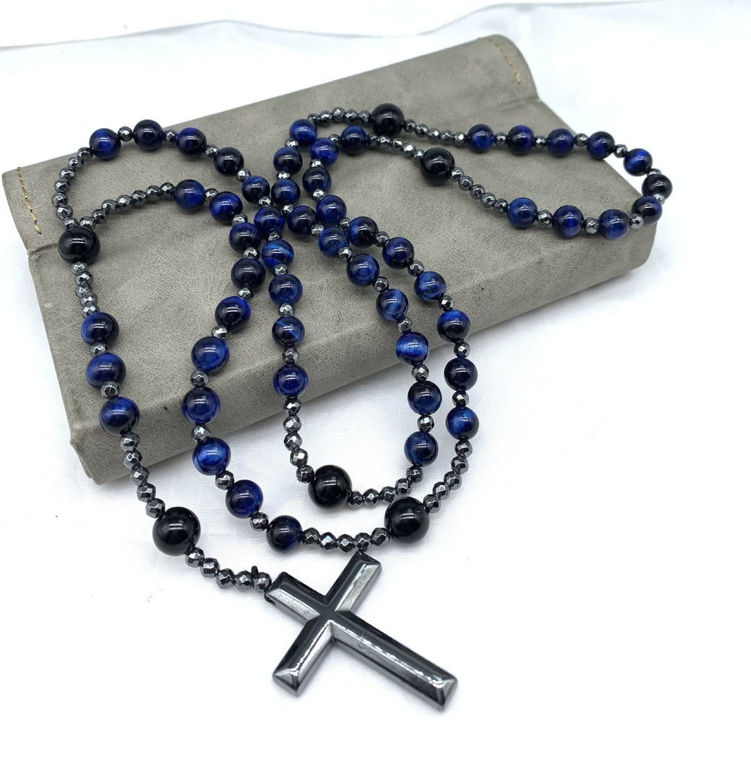 Tiger Eye and Lapis Lazuli Cross Rosary Necklace for Men - Orion-Tiger's eye-Nora Luxe