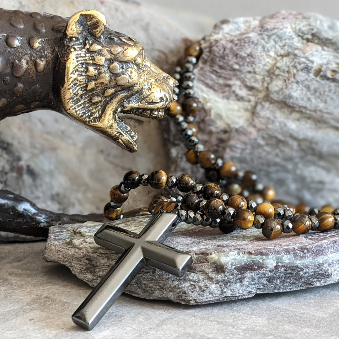 Tiger Eye and Lapis Lazuli Cross Rosary Necklace for Men - Orion-Tiger's eye-Nora Luxe