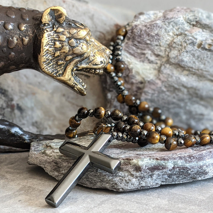 Tiger Eye and Lapis Lazuli Cross Rosary Necklace for Men - Orion-Tiger's eye-Nora Luxe