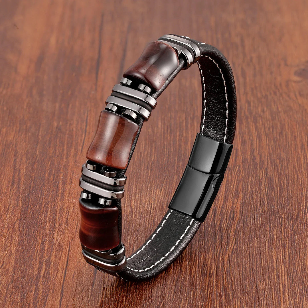Tiger's Eye Natural Stone Leather Bracelet | Women's Jewellery-BLACK RED TIGER EYE-19CM-Nora Luxe