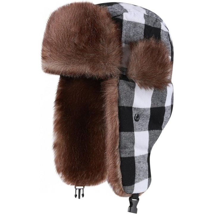 Trapper Winter Hat with Fur Lining - Sasha-Checkered Black White-Nora Luxe