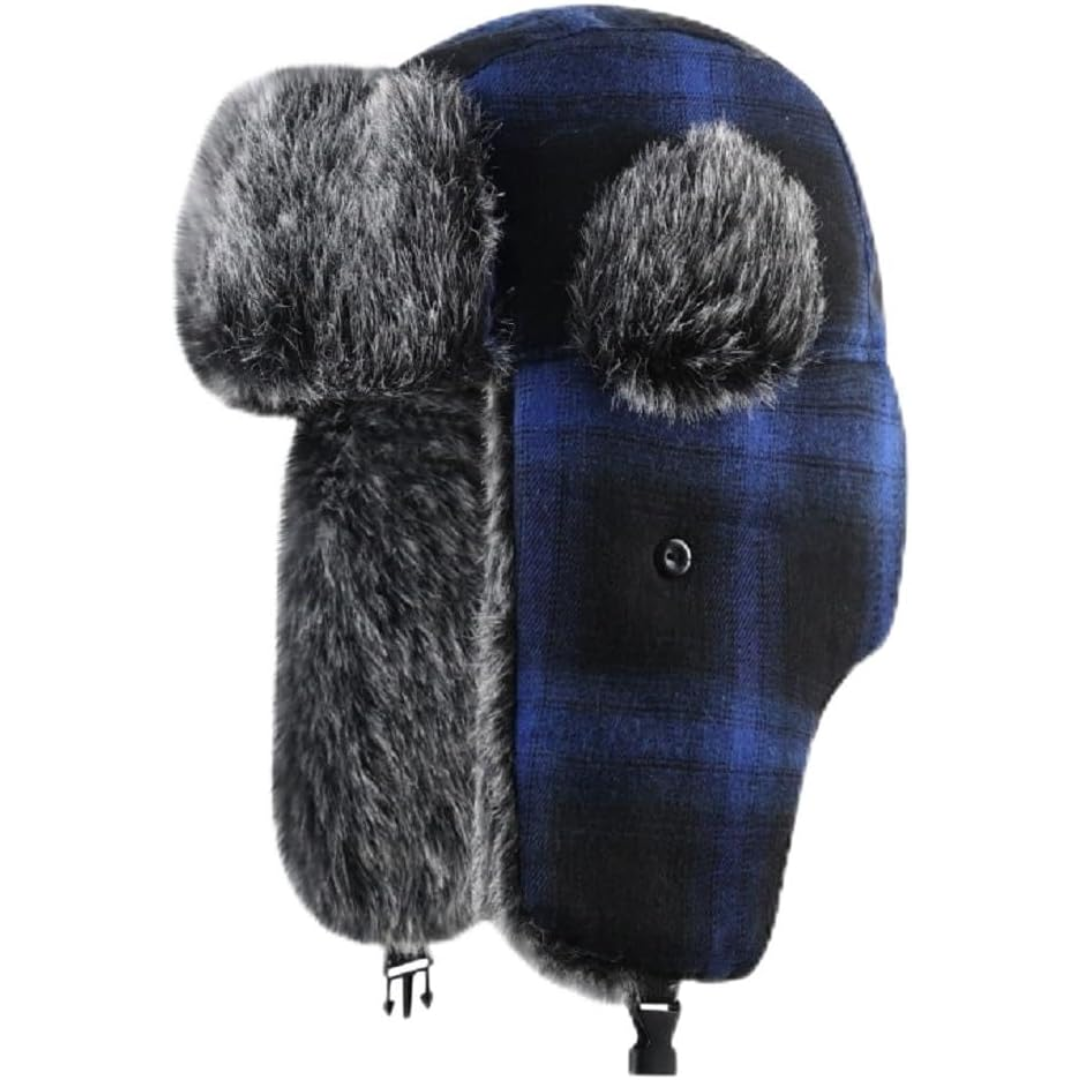 Trapper Winter Hat with Fur Lining - Sasha-Checkered Blue-Nora Luxe