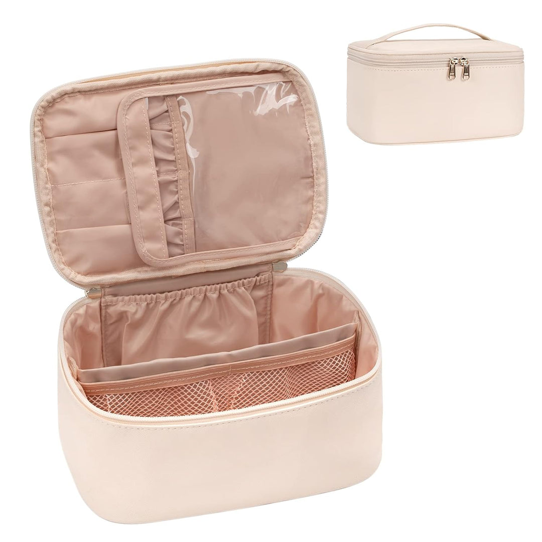Travel-friendly Make-up Organizer with Dividers-Beige-Nora Luxe
