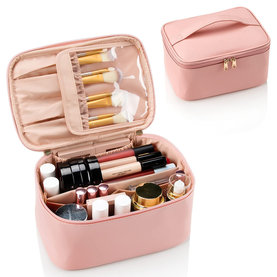 Travel-friendly Make-up Organizer with Dividers-Pink-Nora Luxe