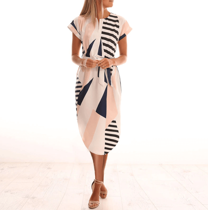 Trendy asymmetrical women's midi dress with print and waistbelt – Elira-S-Nora Luxe