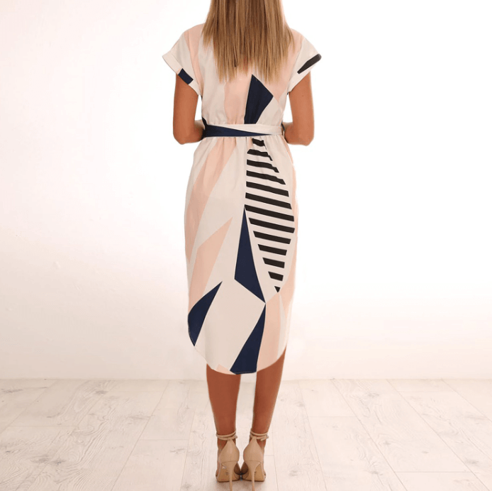 Trendy asymmetrical women's midi dress with print and waistbelt – Elira-S-Nora Luxe