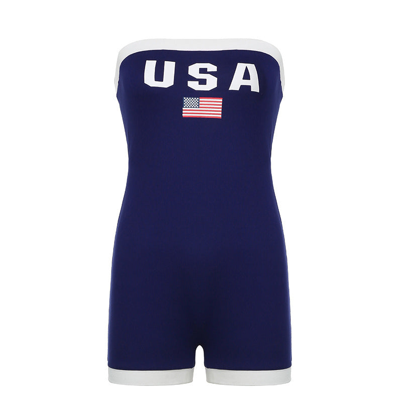 Trendy bandeau swimsuit with USA motif and contrast details – Lexie-S-Nora Luxe