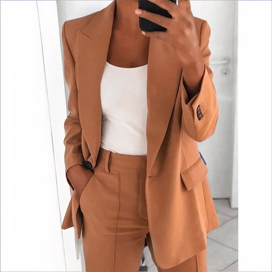 Trendy Blazer and Trouser Set for Women - Sanne-Khaki-S-Nora Luxe