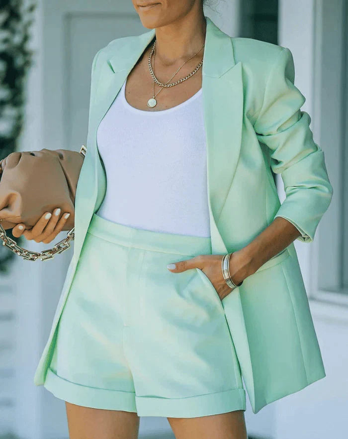 Trendy blazer co-ord with shorts – Versatile & Stylish – Larissa-Green-S-Nora Luxe