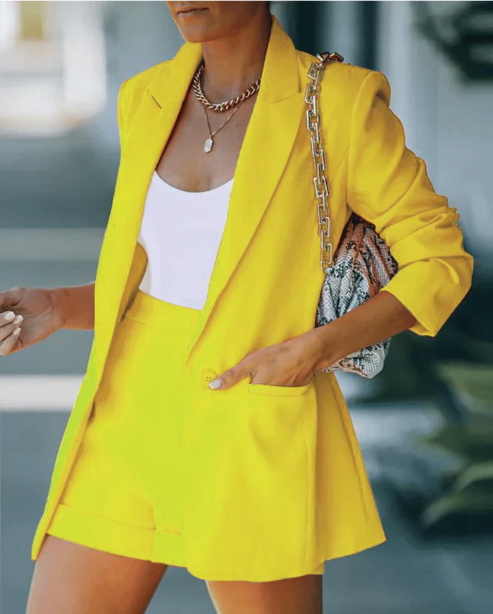 Trendy blazer co-ord with shorts – Versatile & Stylish – Larissa-Yellow-S-Nora Luxe