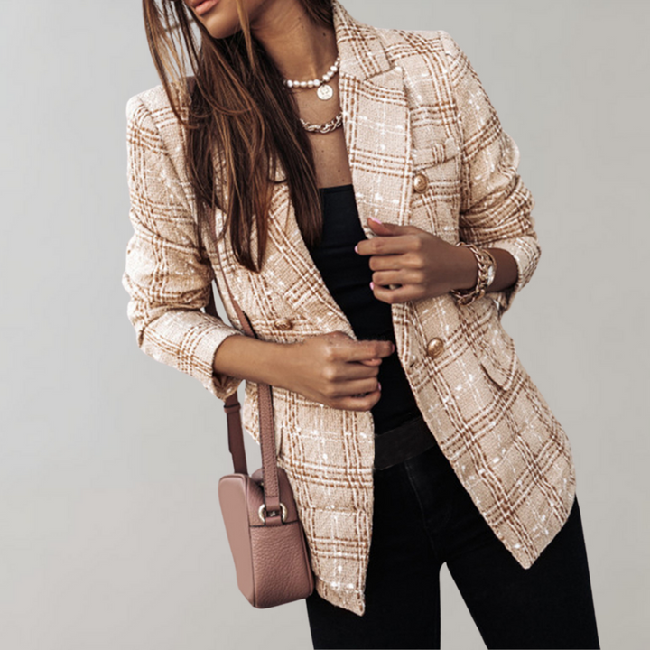 Trendy Checked Blazer for Women - Isabelle-Khaki-S-Nora Luxe