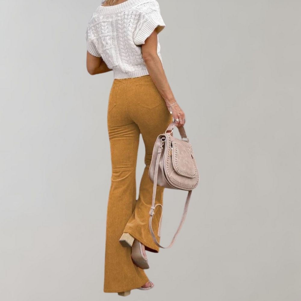 Trendy Corduroy Flared Trousers - Valerie-Khaki-S-Nora Luxe