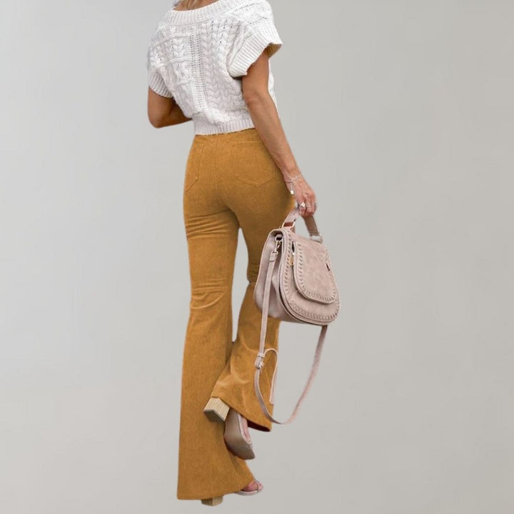 Trendy Corduroy Flared Trousers - Valerie-Khaki-S-Nora Luxe