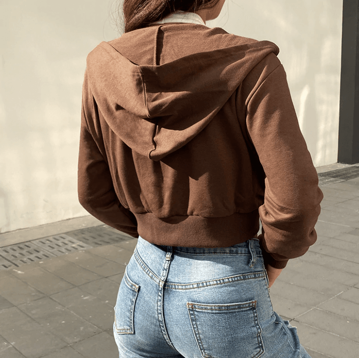 Trendy Fitted Women's Cropped Zip-Up Hoodie with Hood – Alina-Brown-S-Nora Luxe