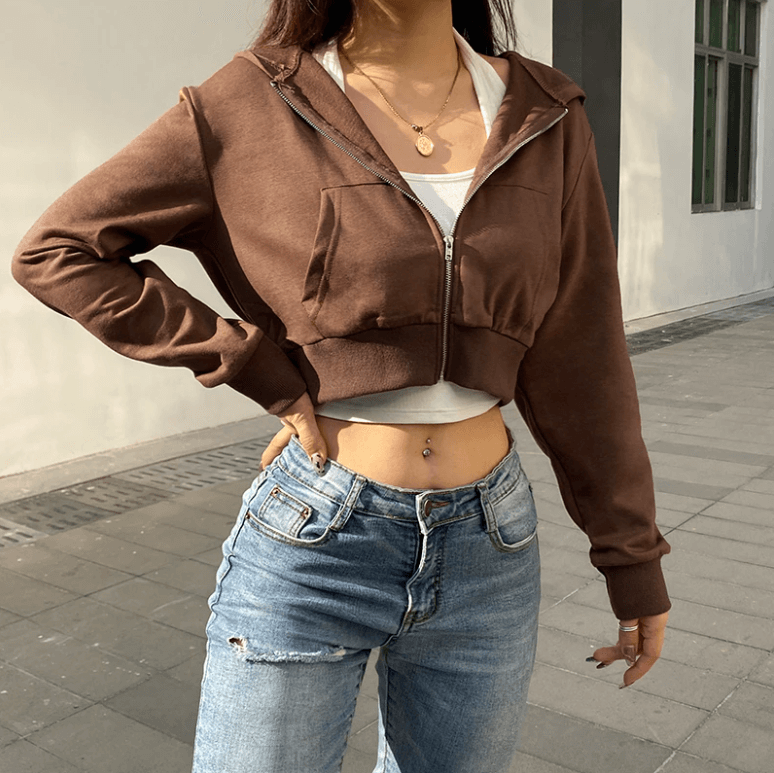 Trendy Fitted Women's Cropped Zip-Up Hoodie with Hood – Alina-Brown-S-Nora Luxe