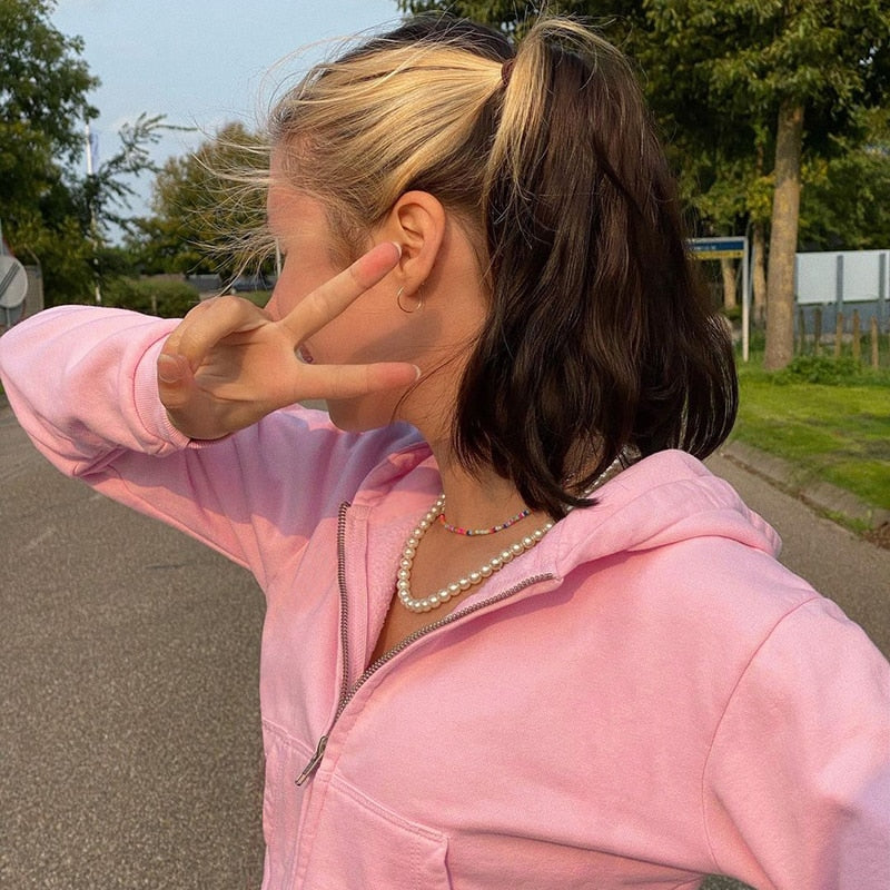 Trendy Fitted Women's Cropped Zip-Up Hoodie with Hood – Alina-Pink-S-Nora Luxe