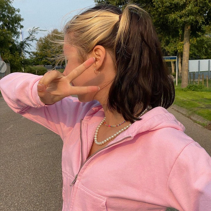 Trendy Fitted Women's Cropped Zip-Up Hoodie with Hood – Alina-Pink-S-Nora Luxe