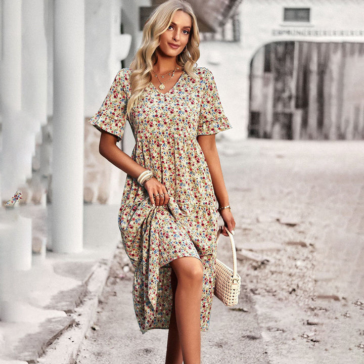Trendy Flower Print Midi Dress - Livia-Beige-S-Nora Luxe