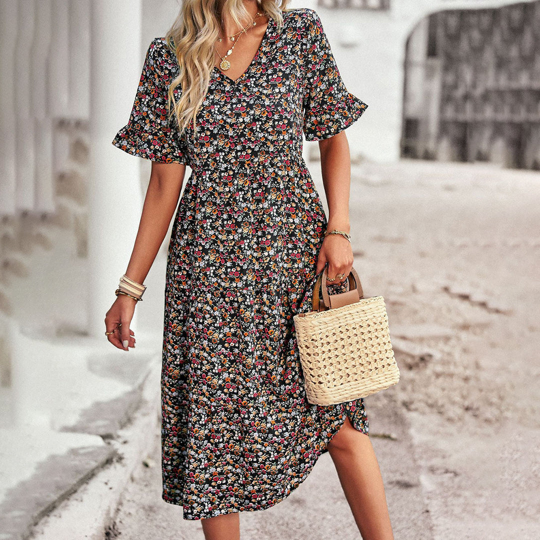 Trendy Flower Print Midi Dress - Livia-Black-S-Nora Luxe