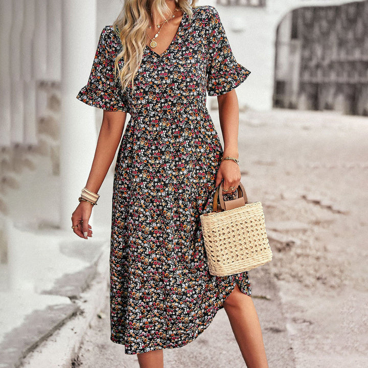 Trendy Flower Print Midi Dress - Livia-Black-S-Nora Luxe