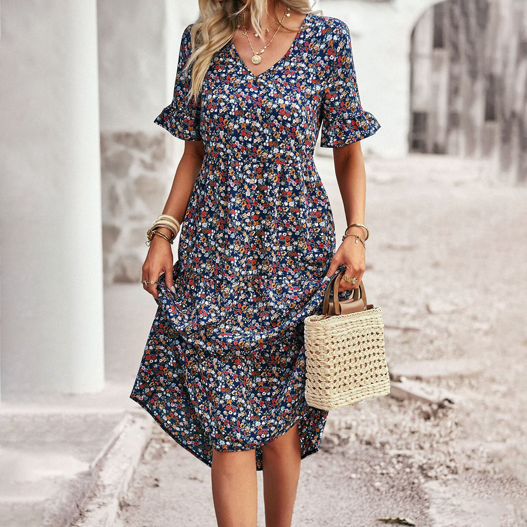Trendy Flower Print Midi Dress - Livia-Blue-S-Nora Luxe