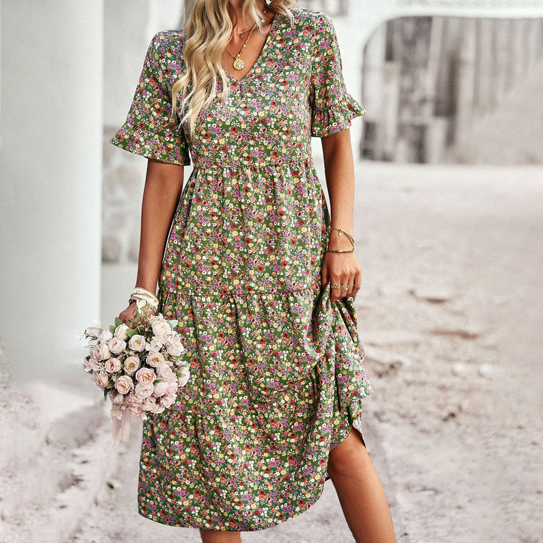 Trendy Flower Print Midi Dress - Livia-Green-S-Nora Luxe