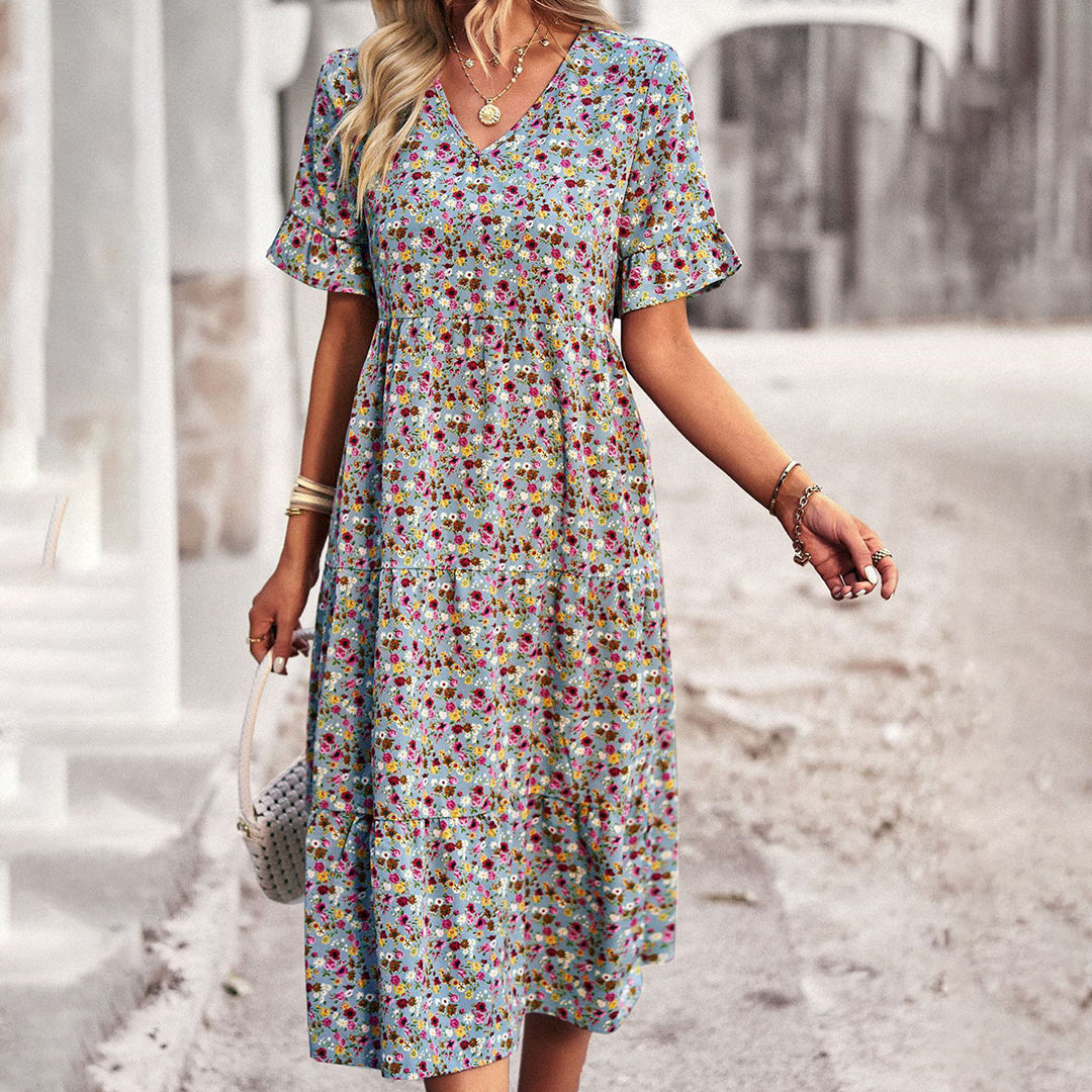Trendy Flower Print Midi Dress - Livia-Light blue-S-Nora Luxe