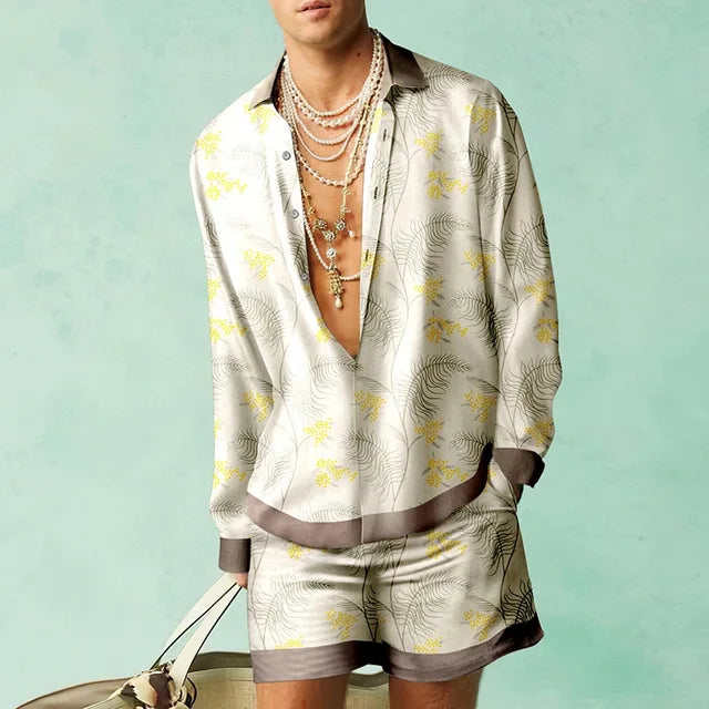 Trendy Hawaiian set with a silk look for men – Fabio-Beige/Yellow-S-Nora Luxe