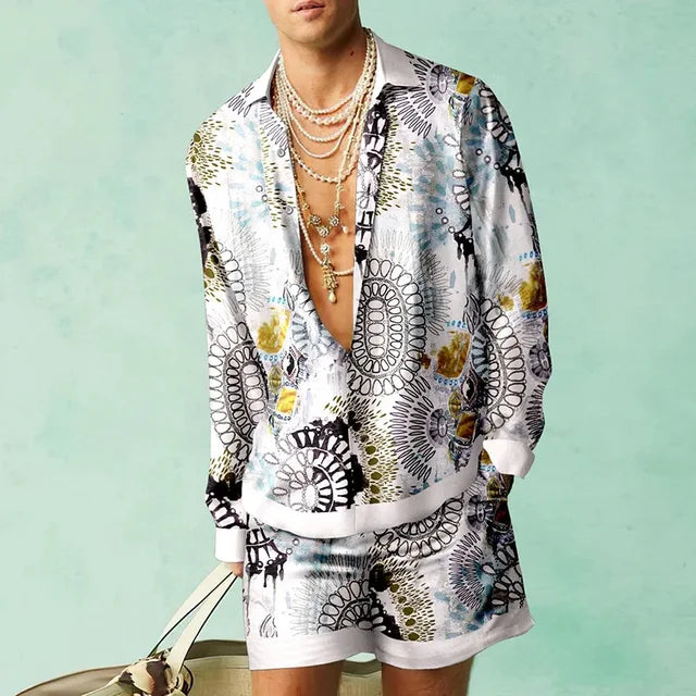 Trendy Hawaiian set with a silk look for men – Fabio-Black/White/Yellow-S-Nora Luxe