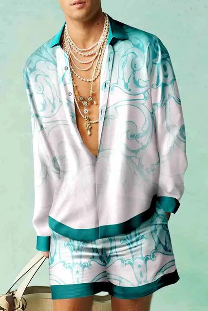 Trendy Hawaiian set with a silk look for men – Fabio-Blue/Pale Pink-S-Nora Luxe