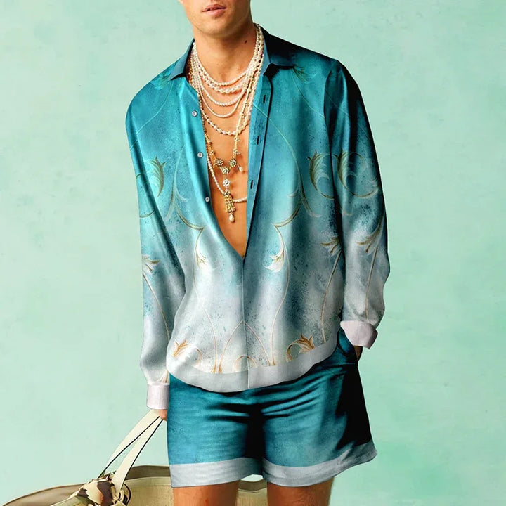 Trendy Hawaiian set with a silk look for men – Fabio-Dark blue/White-S-Nora Luxe