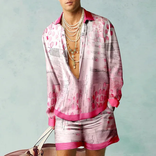 Trendy Hawaiian set with a silk look for men – Fabio-Light pink/White-S-Nora Luxe