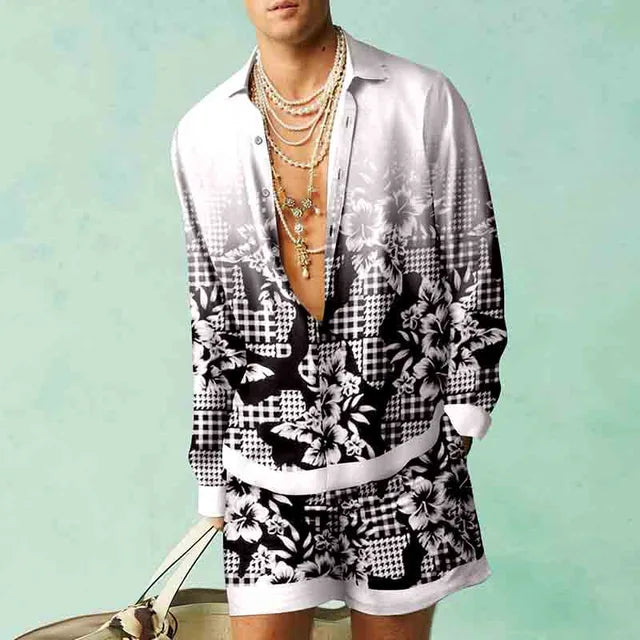 Trendy Hawaiian set with a silk look for men – Fabio-White/Black-S-Nora Luxe
