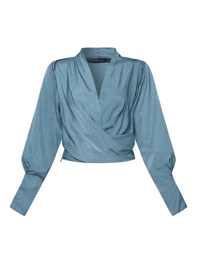 Trendy Ladies' Blouse with V-Neck - Elena-Blue-S-Nora Luxe