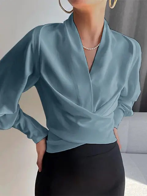 Trendy Ladies' Blouse with V-Neck - Elena-Blue-S-Nora Luxe