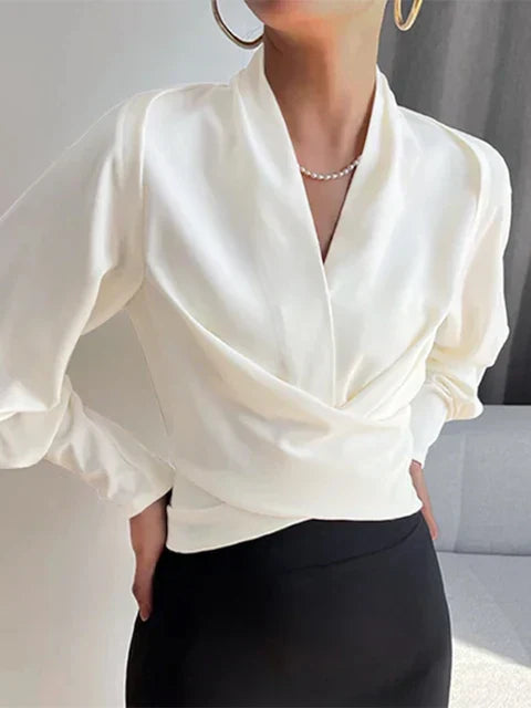 Trendy Ladies' Blouse with V-Neck - Elena-White-S-Nora Luxe